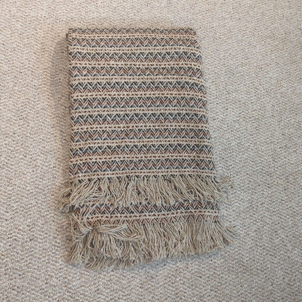 Vintage Pendleton 100% Virgin Wool USA Throw Blanket Fringe Wool Earth Tone